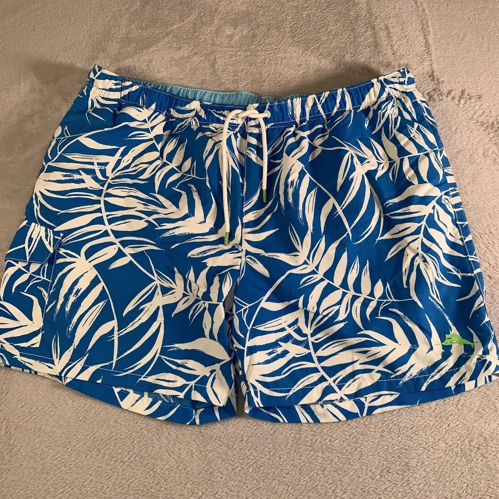 Tommy Bahama Swim Trunks Mens‎ XL Blue Tropical Leaf Print Mesh Lined Shorts